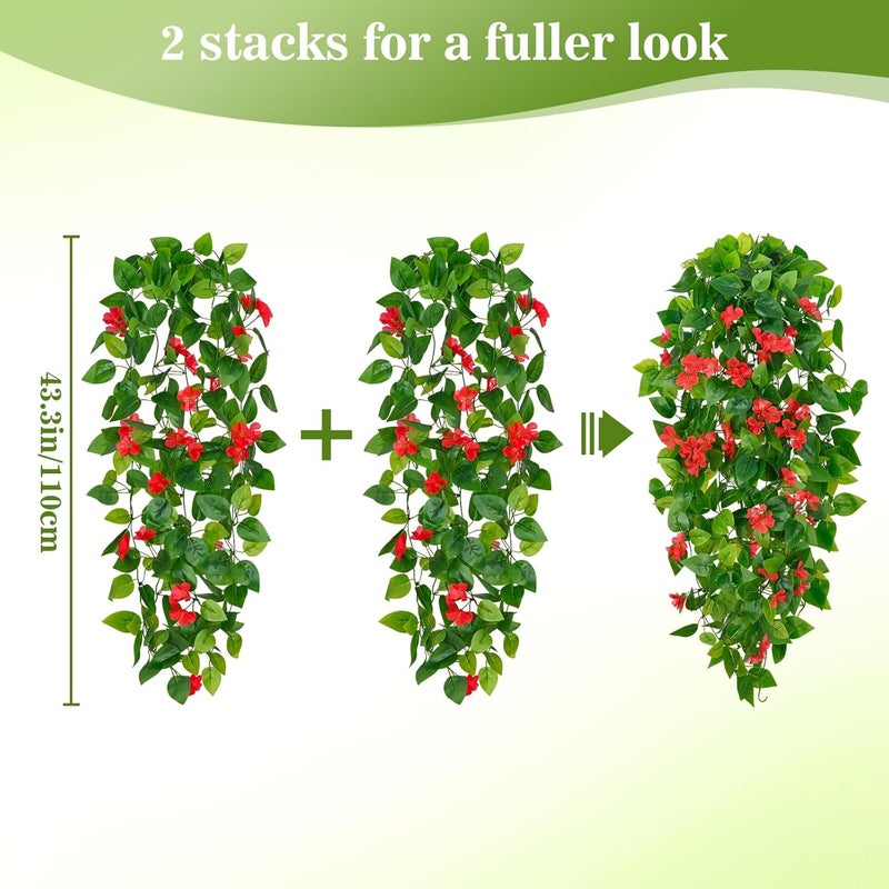 BLEUM CADE Artificial Hanging Flowers for Outdoors, 2pcs Fake Hanging Plants Pothos Vines with Red Flowers for Wall Home Living Room Indoor Outdoor Decor (No Baskets) - Image 2