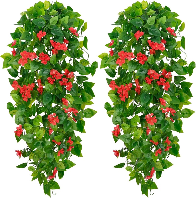 BLEUM CADE Artificial Hanging Flowers for Outdoors, 2pcs Fake Hanging Plants Pothos Vines with Red Flowers for Wall Home Living Room Indoor Outdoor Decor (No Baskets) - Image 1