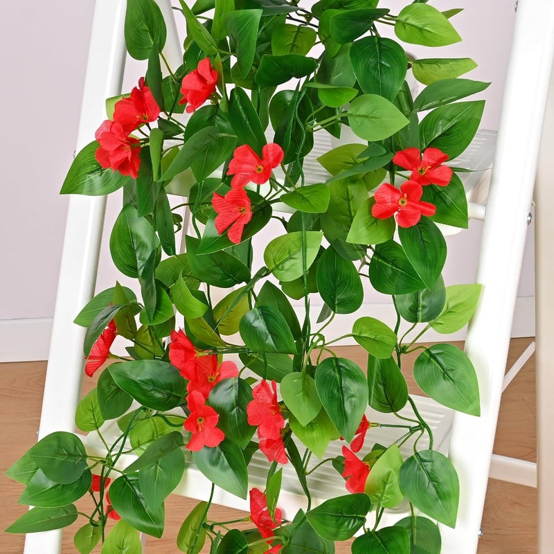 BLEUM CADE Artificial Hanging Flowers for Outdoors, 2pcs Fake Hanging Plants Pothos Vines with Red Flowers for Wall Home Living Room Indoor Outdoor Decor (No Baskets) - Image 3