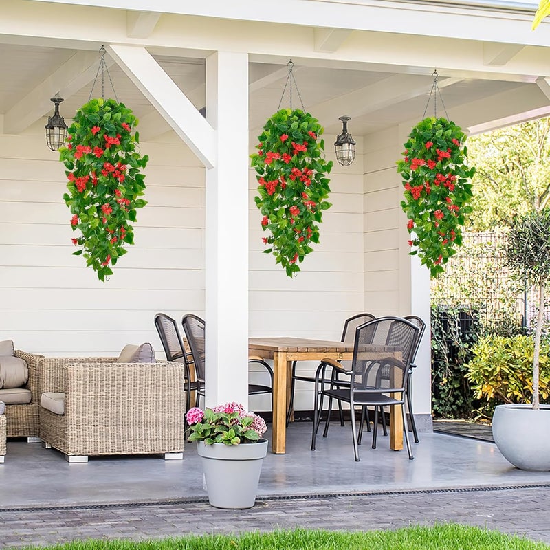 BLEUM CADE Artificial Hanging Flowers for Outdoors, 2pcs Fake Hanging Plants Pothos Vines with Red Flowers for Wall Home Living Room Indoor Outdoor Decor (No Baskets) - Image 5