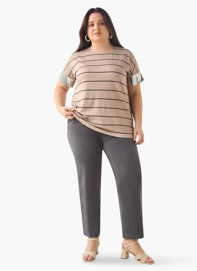  أولا بوبكن Plus Size Ulla Popken Striped T-shirt with Round Neck and Short Sleeves