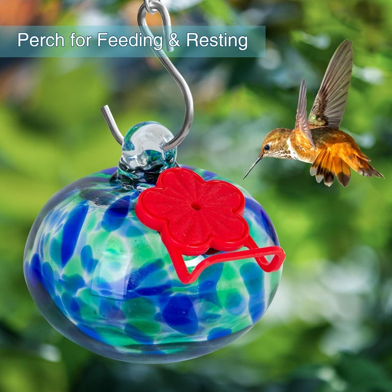 Nxpceay Small Hummingbird Feeder for Outdoors,Hand Blown Glass Humming Bird Feeders with Perch,Never Leak,Garden Patio Decor for Window(Dotted Blue) - Image 5
