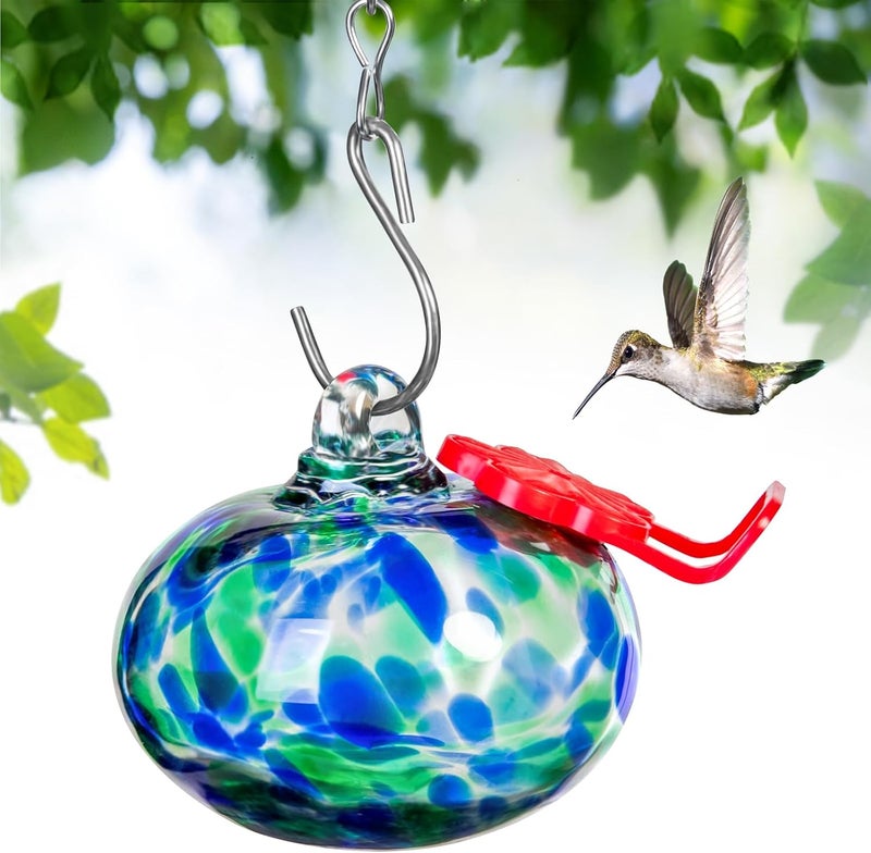 Nxpceay Small Hummingbird Feeder for Outdoors,Hand Blown Glass Humming Bird Feeders with Perch,Never Leak,Garden Patio Decor for Window(Dotted Blue) - Image 1