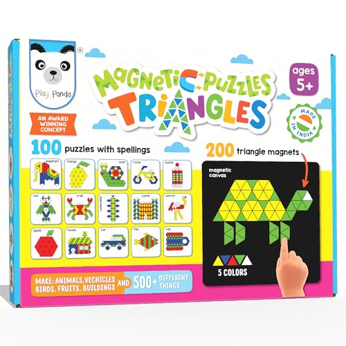 PLAY PANDA Magnetic Puzzle Set for Kids, Small Triangles with 200 Magnetic Shapes with Magnetic Board,100 Puzzle Book & 100 Puzzle Patterns, Display Stand and Storage Tray Indoor Educational Toy - Image 1