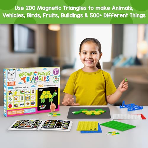 PLAY PANDA Magnetic Puzzle Set for Kids, Small Triangles with 200 Magnetic Shapes with Magnetic Board,100 Puzzle Book & 100 Puzzle Patterns, Display Stand and Storage Tray Indoor Educational Toy - Image 3