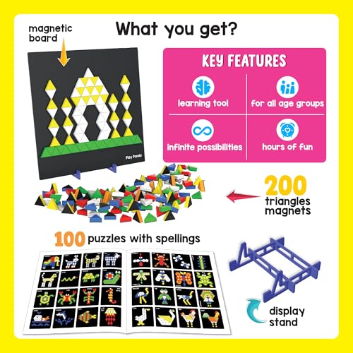PLAY PANDA Magnetic Puzzle Set for Kids, Small Triangles with 200 Magnetic Shapes with Magnetic Board,100 Puzzle Book & 100 Puzzle Patterns, Display Stand and Storage Tray Indoor Educational Toy - Image 5