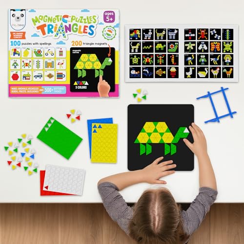 PLAY PANDA Magnetic Puzzle Set for Kids, Small Triangles with 200 Magnetic Shapes with Magnetic Board,100 Puzzle Book & 100 Puzzle Patterns, Display Stand and Storage Tray Indoor Educational Toy - Image 2