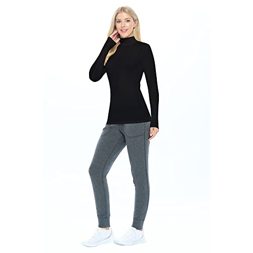 Natural Uniforms تي شيرت نسائي بأكمام طويلة بياقة تورتل مزيفة تحت السراويل (أسود، صغير) - Image 2