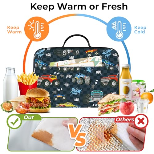 Clastyle Black Race Car Insulated Lunch Bag for Kids Boy, Colourful Trucks Portable Large Thermal Cooler Lunch Box Bag for School - Image 3