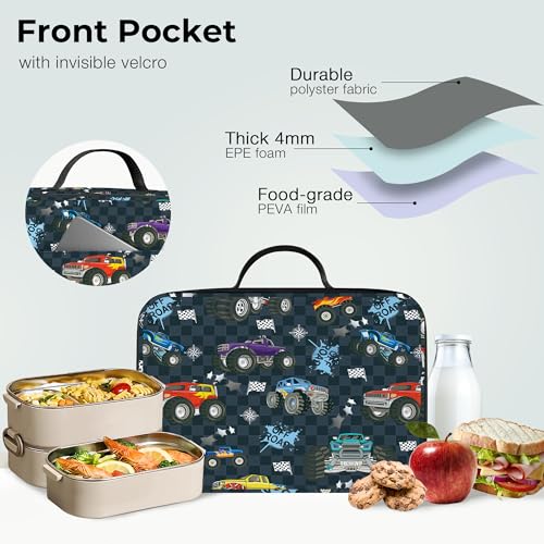 Clastyle Black Race Car Insulated Lunch Bag for Kids Boy, Colourful Trucks Portable Large Thermal Cooler Lunch Box Bag for School - Image 5