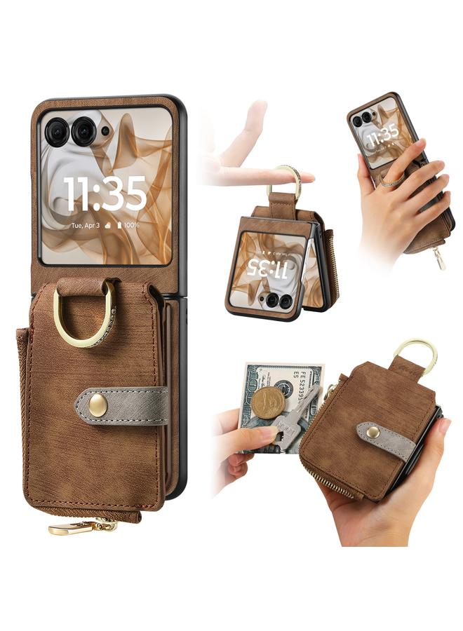 erorex For Motorola Razr 50 Ultra Retro Ring Vertical Zipper Wallet Phone Case(Brown) 