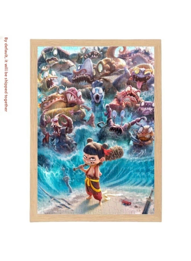 Loquat Which Magic Child Made The Sea 2 Jigsaw Puzzle Which 2 Magic Child Came To The World Mosaic Ao C Children's Animation Birthday Gift-Color:Nezha No. 6-120 Pieces + Wooden Photo Frame 26.8x21.8cm - Image 1