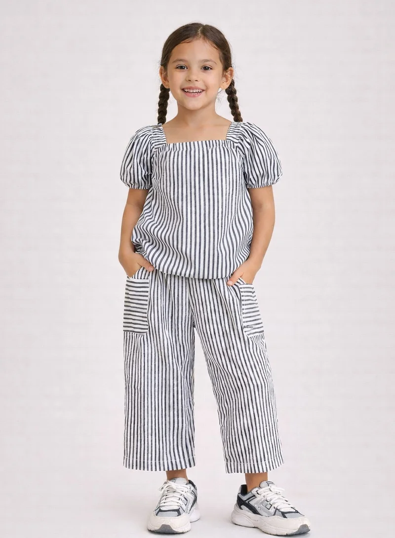 فكتور اند جين Girls’ Woven 2-Piece Set – Striped Puff Sleeve Top & Wide-Leg Cargo Trousers