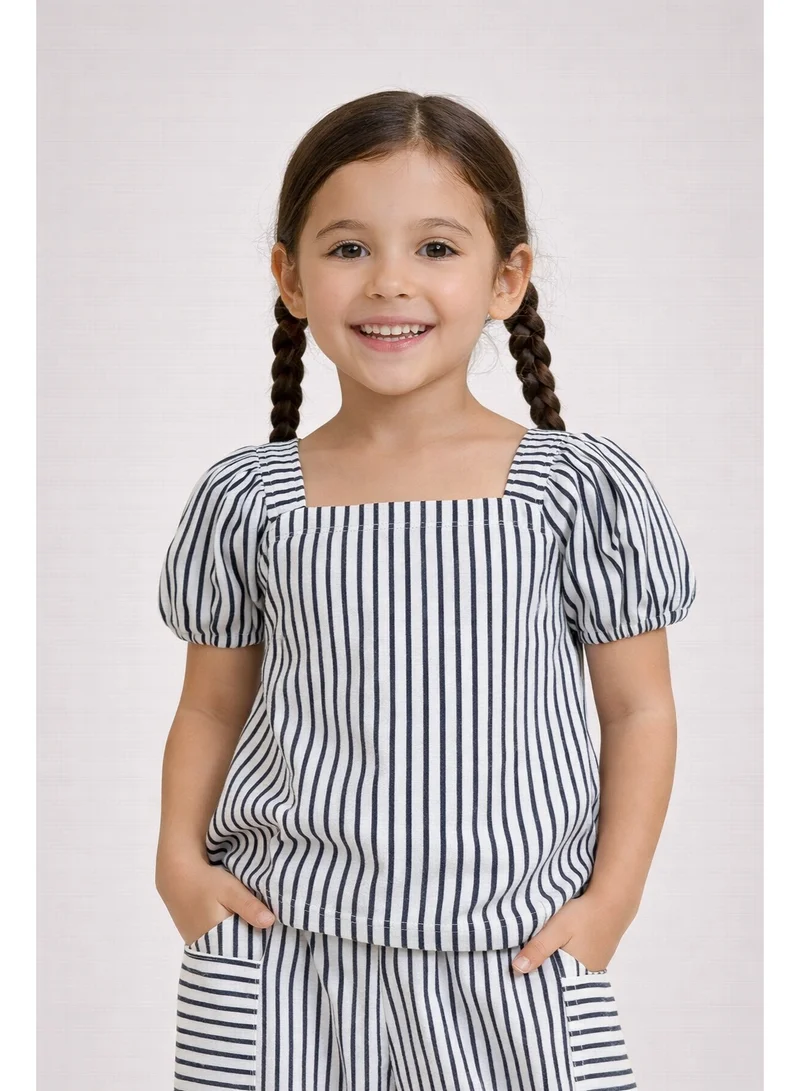 فكتور اند جين Girls’ Woven 2-Piece Set – Striped Puff Sleeve Top & Wide-Leg Cargo Trousers