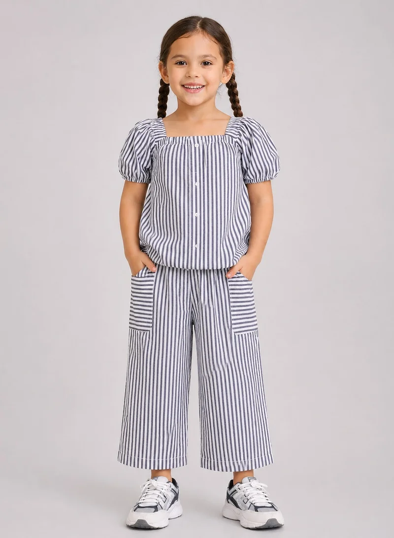 Girls’ Woven 2-Piece Set – Striped Puff Sleeve Top & Wide-Leg Cargo Trousers