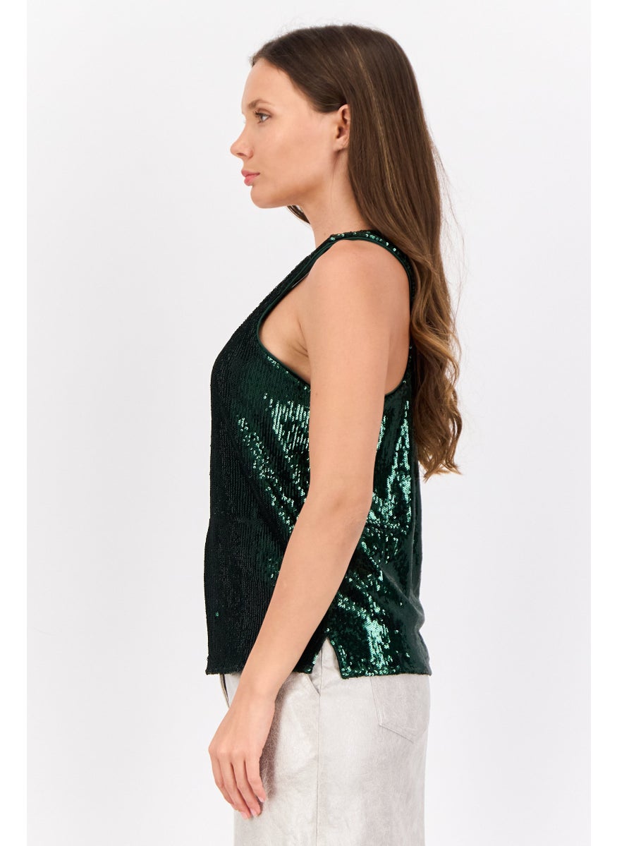 ESPRIT - Women Scoop Neck Sleeveless Sequined Tank Top, Green - Image 1