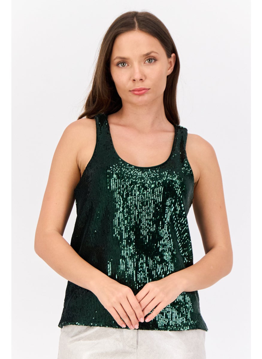 ESPRIT - Women Scoop Neck Sleeveless Sequined Tank Top, Green - Image 1