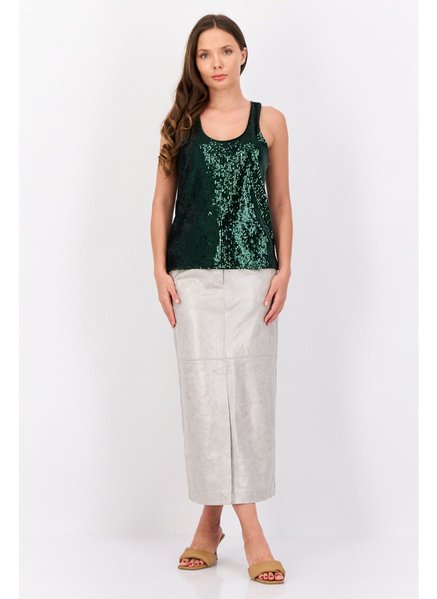 ESPRIT - Women Scoop Neck Sleeveless Sequined Tank Top, Green - Image 1
