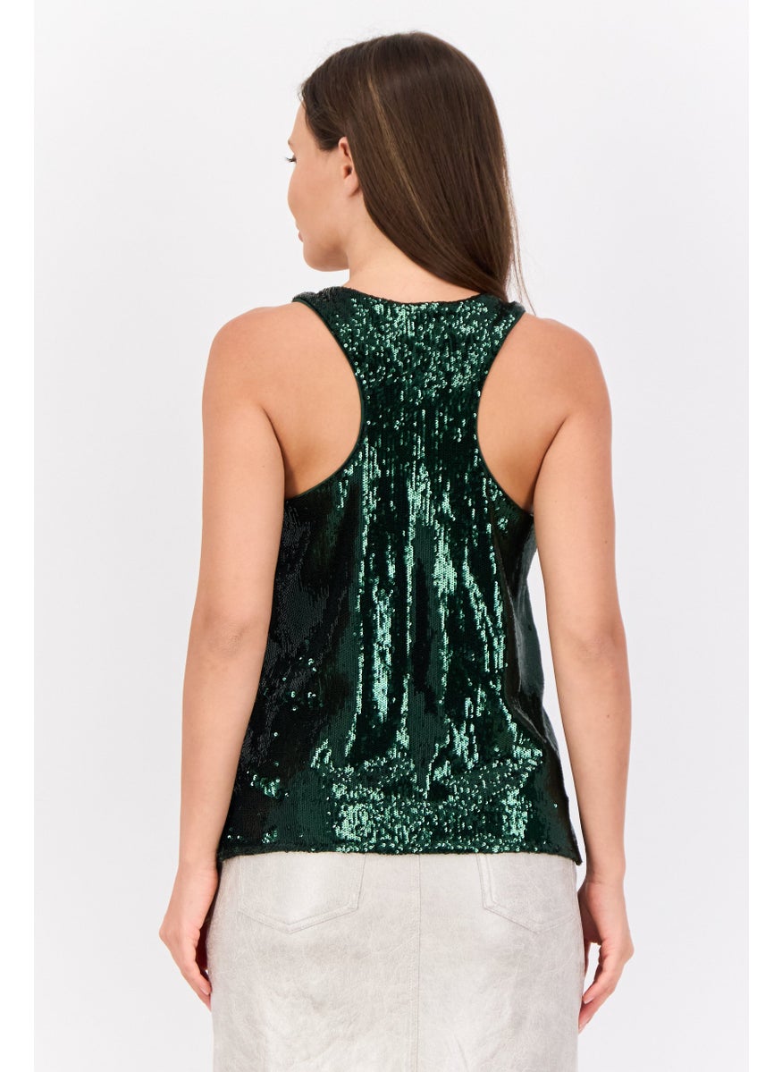 ESPRIT - Women Scoop Neck Sleeveless Sequined Tank Top, Green - Image 1