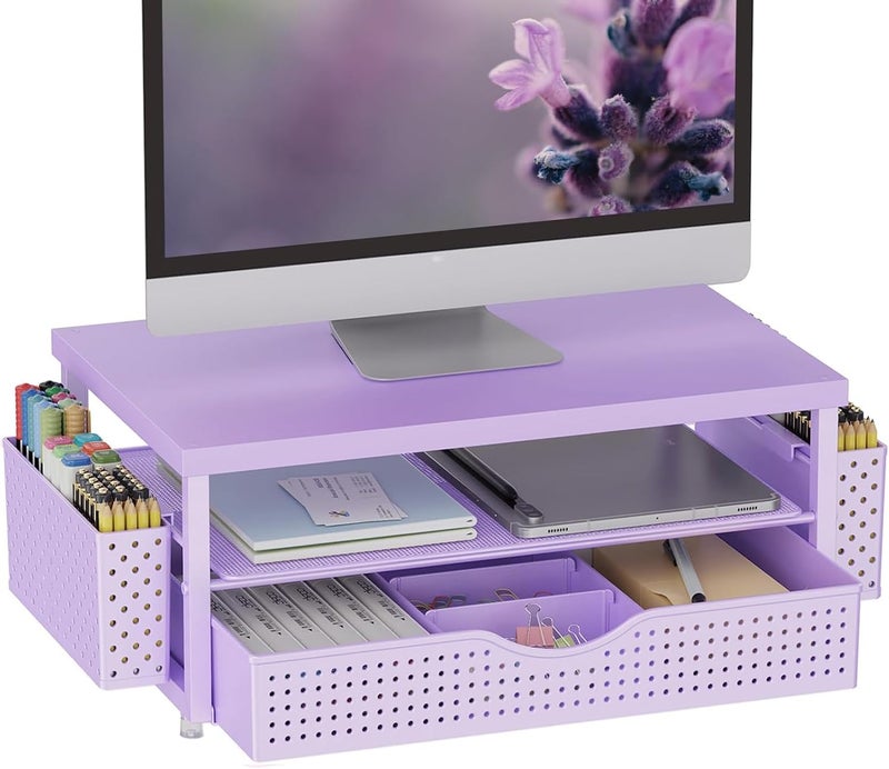 gianotter Wood Monitor Stand Riser Desk Organizer with Drawer and 2 Pen Holders 2Tier Workspace Organizer for Office Supplies Purple Wood - Image 2