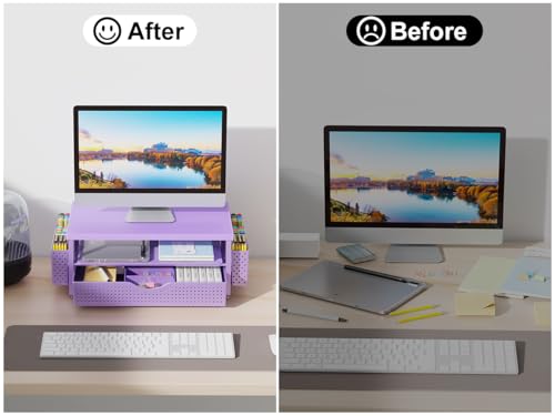 gianotter Wood Monitor Stand Riser Desk Organizer with Drawer and 2 Pen Holders 2Tier Workspace Organizer for Office Supplies Purple Wood - Image 3