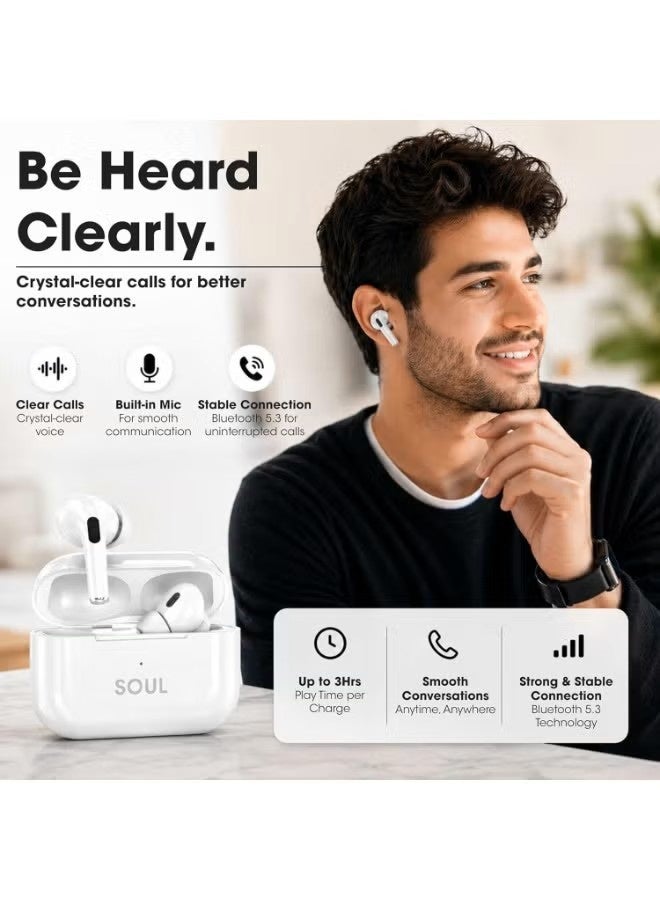 إكسيل سماعات أذن لاسلكية حقيقية SOUL 18 Air Pro مزودة بميكروفون، وتقنية بلوتوث 5.3، وصوت ستيريو جهير عميق، وتحكم باللمس، ومقاومة للماء بمعيار IPX4، واقتران تلقائي، وشحن USB-C، وسماعات أذن داخلية، متوافقة مع نظامي iOS وأندرويد - لون أبيض - Image 2