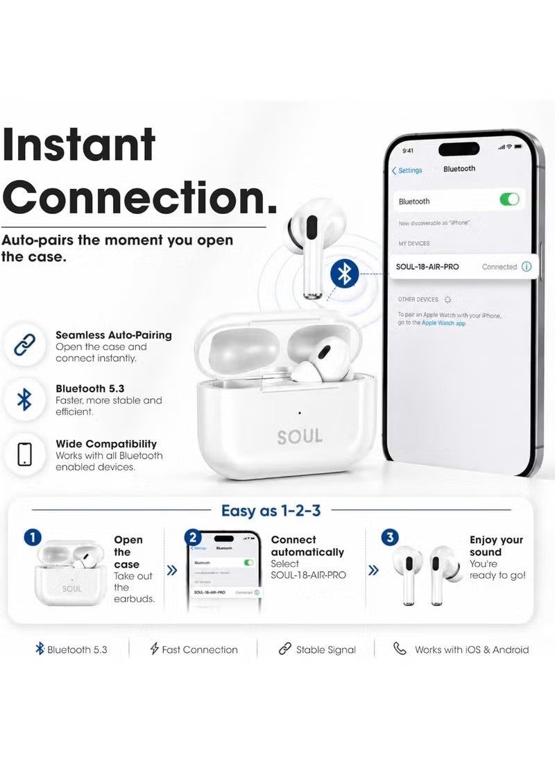 إكسيل سماعات أذن لاسلكية حقيقية SOUL 18 Air Pro مزودة بميكروفون، وتقنية بلوتوث 5.3، وصوت ستيريو جهير عميق، وتحكم باللمس، ومقاومة للماء بمعيار IPX4، واقتران تلقائي، وشحن USB-C، وسماعات أذن داخلية، متوافقة مع نظامي iOS وأندرويد - لون أبيض - Image 5