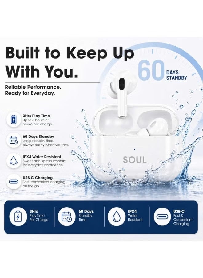 إكسيل سماعات أذن لاسلكية حقيقية SOUL 18 Air Pro مزودة بميكروفون، وتقنية بلوتوث 5.3، وصوت ستيريو جهير عميق، وتحكم باللمس، ومقاومة للماء بمعيار IPX4، واقتران تلقائي، وشحن USB-C، وسماعات أذن داخلية، متوافقة مع نظامي iOS وأندرويد - لون أبيض - Image 3