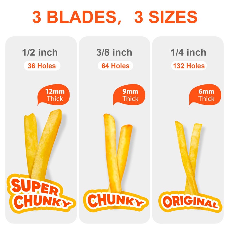 Befano French Fry Cutter, Stainless Steel Potato Cutter with 1/2 Inch, 3/8 Inch and 1/4 Inch Blades (Manual Cutter, 1/2 '' & 3/8 '' & 1/4 '' Blade) - Image 3