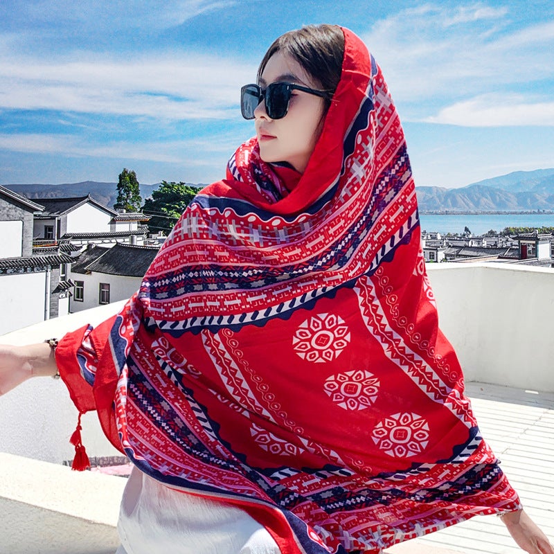 Dunhuang Desert Cotton Linen Scarf Womens Spring and Autumn Qinghai Chaka Salt Lake Yunnan Lijiang Ethnic Style Scarf Sunscreen Shawl Dunhuang Lotus City 