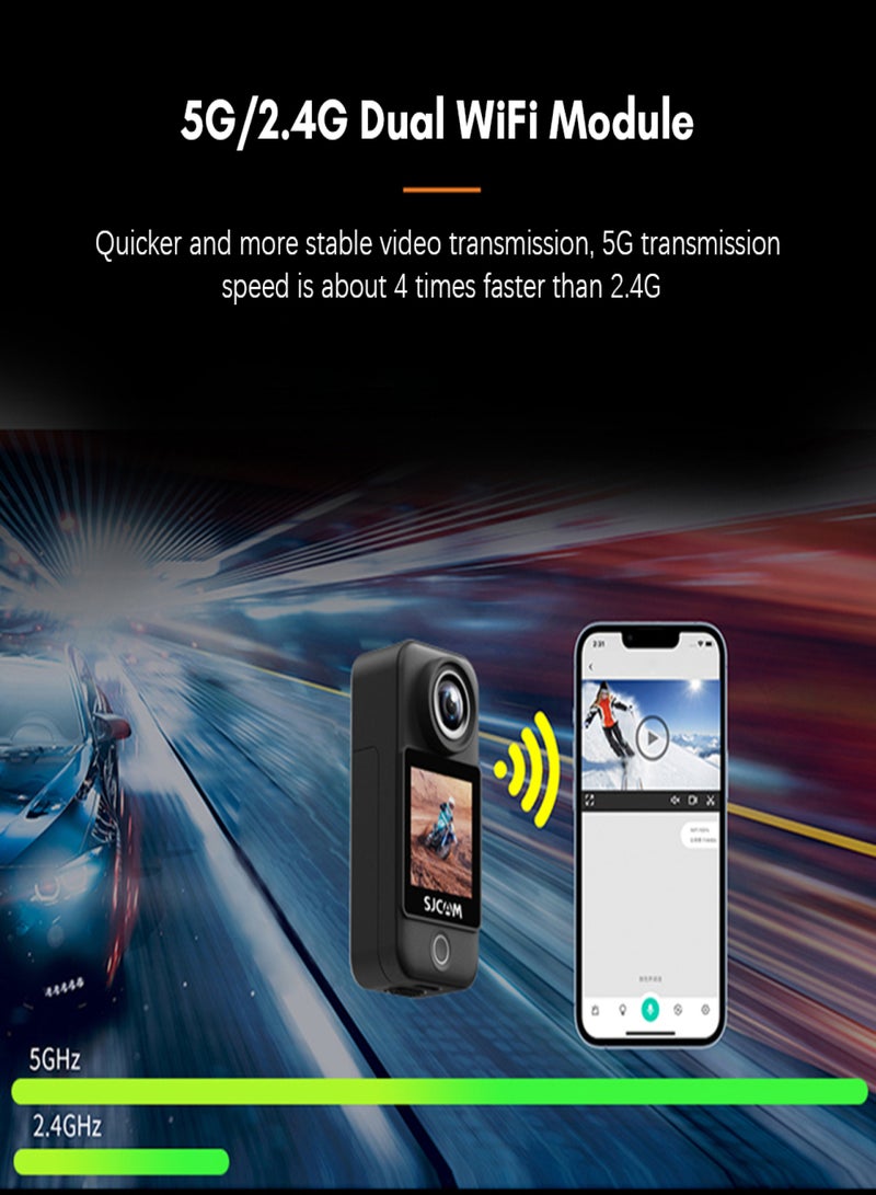 أس جي كام كاميرا الحركة SJCAM C300 Pocket بدقة 4K بمعدل 30 إطارًا في الثانية، تدعم شبكات واي فاي 5G/2.4G، شاشة تحكم تعمل باللمس مقاس 1.33 بوصة، عدسة بزاوية واسعة 154 درجة، تثبيت جيروسكوبي سداسي المحاور، مقاومة للماء حتى عمق 30 مترًا، رؤية ليلية، وبطارية قابلة للفصل. - Image 2