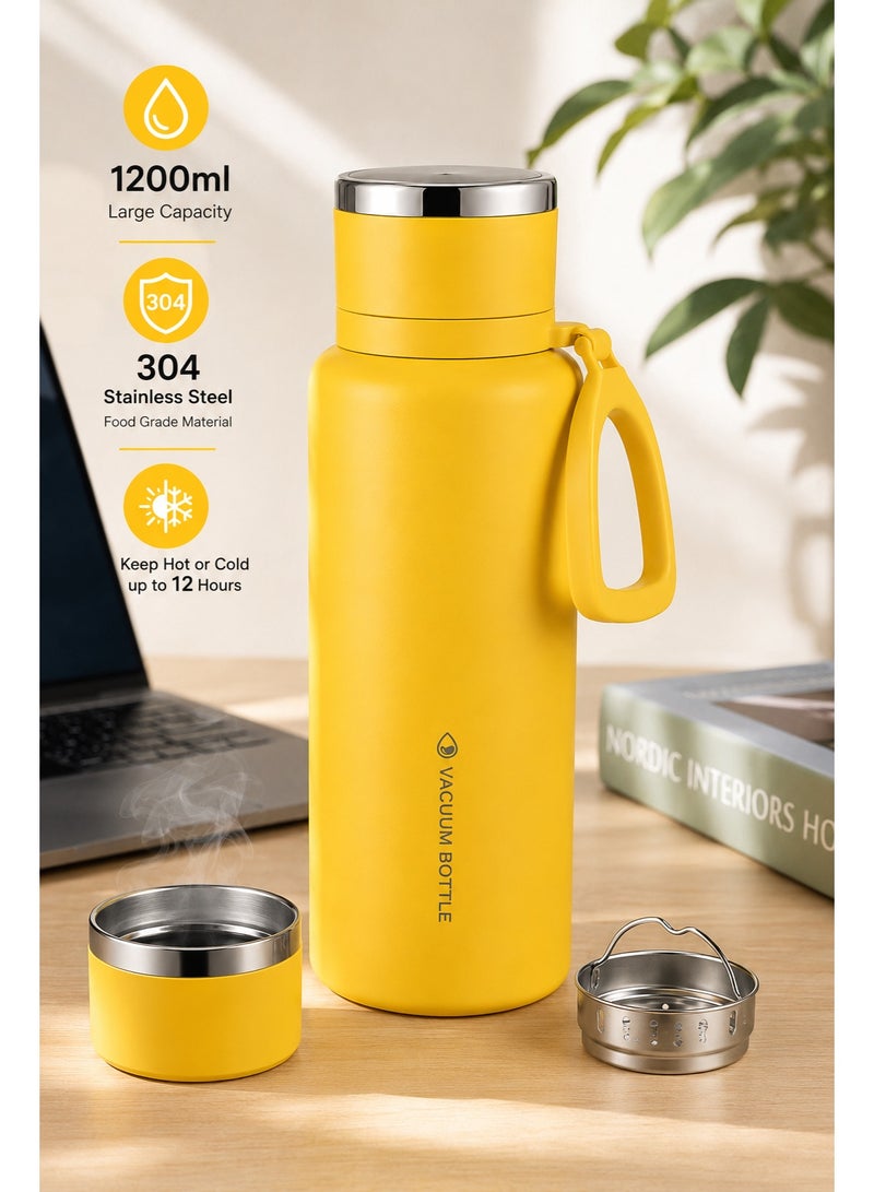 1200Ml Vacuum Insulated Stainless Steel Thermos Flask With Cup, Tea Infuser & Carry Handle, 304 Stainless Steel Water Bottle For Hot & Cold Drinks, Travel, Camping & Office - Yellow - Image 4