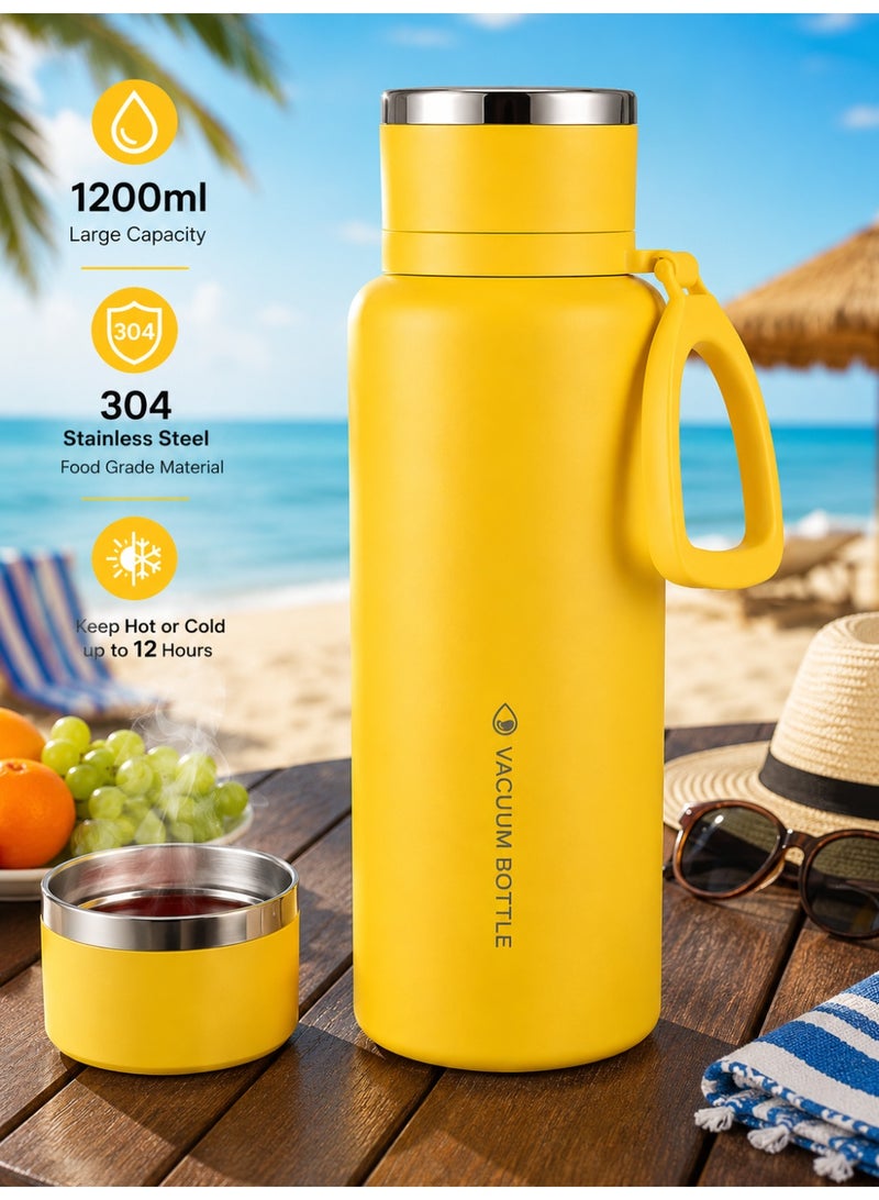 1200Ml Vacuum Insulated Stainless Steel Thermos Flask With Cup, Tea Infuser & Carry Handle, 304 Stainless Steel Water Bottle For Hot & Cold Drinks, Travel, Camping & Office - Yellow - Image 5