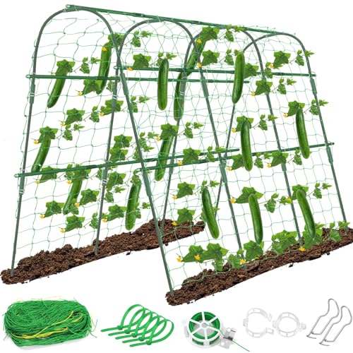 Tetutor Cucumber Trellis for Raised Beds, 63 x 45 Inch U-Shaped Garden Trellis for Climbing Plants Outdoors with Climbing Net, Metal Detachable Arch Plant Support Vegetable Trellis - Image 1