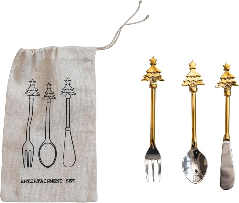 Creative Co-op Christmas Tree Handle Appetizer Utensils, Silver, Set of 3 - Image 1