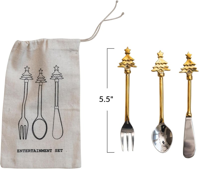 Creative Co-op Christmas Tree Handle Appetizer Utensils, Silver, Set of 3 - Image 2