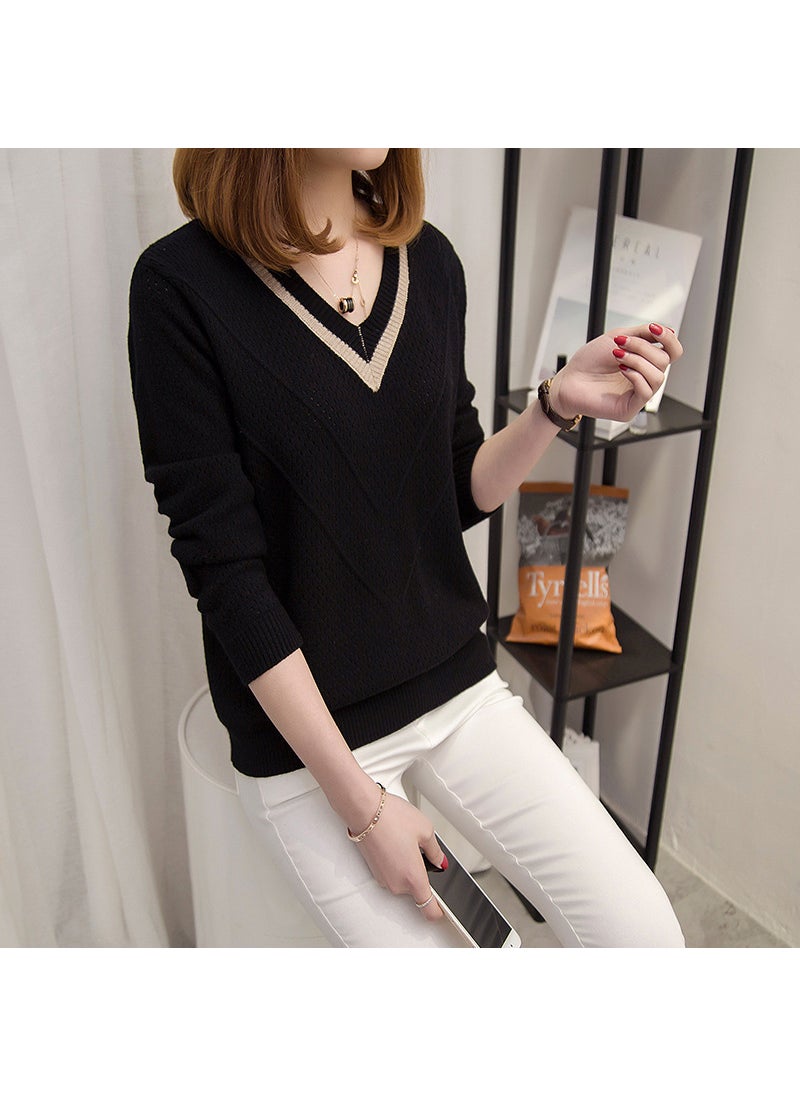 Generic - Loose Knitted Base Shirt Short Sleeve Spring Autumn V-neck Ladies Wool Clothes Thick Thin Style Resin Fiber Material 06 Black - Image 1