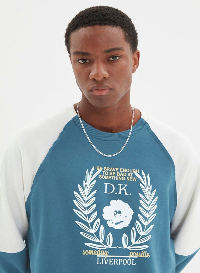 trendyol Indigo Regular Fit Raglan Sleeve Color Block Printed Cotton Unshaded Sweatshirt - Image 2