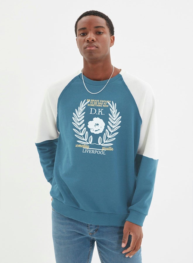 trendyol Indigo Regular Fit Raglan Sleeve Color Block Printed Cotton Unshaded Sweatshirt - Image 3