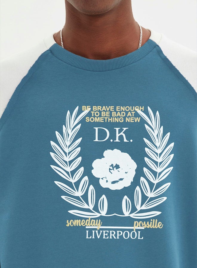 trendyol Indigo Regular Fit Raglan Sleeve Color Block Printed Cotton Unshaded Sweatshirt - Image 4