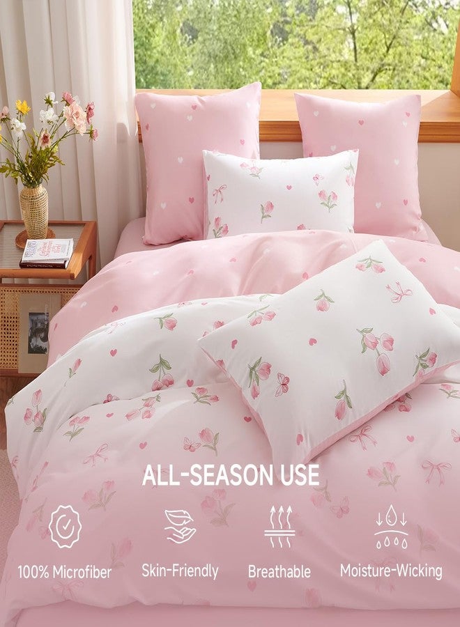 Erwinmu Floral Duvet Cover Set Queen Size,Pink Tulip Bow Ties Reversible Bedding Set with Heart Pattern for Girls Kids,Romantic Microfiber Comforter Cover 3Pcs with Zipper Closure and 2 Pillowcases - Image 2