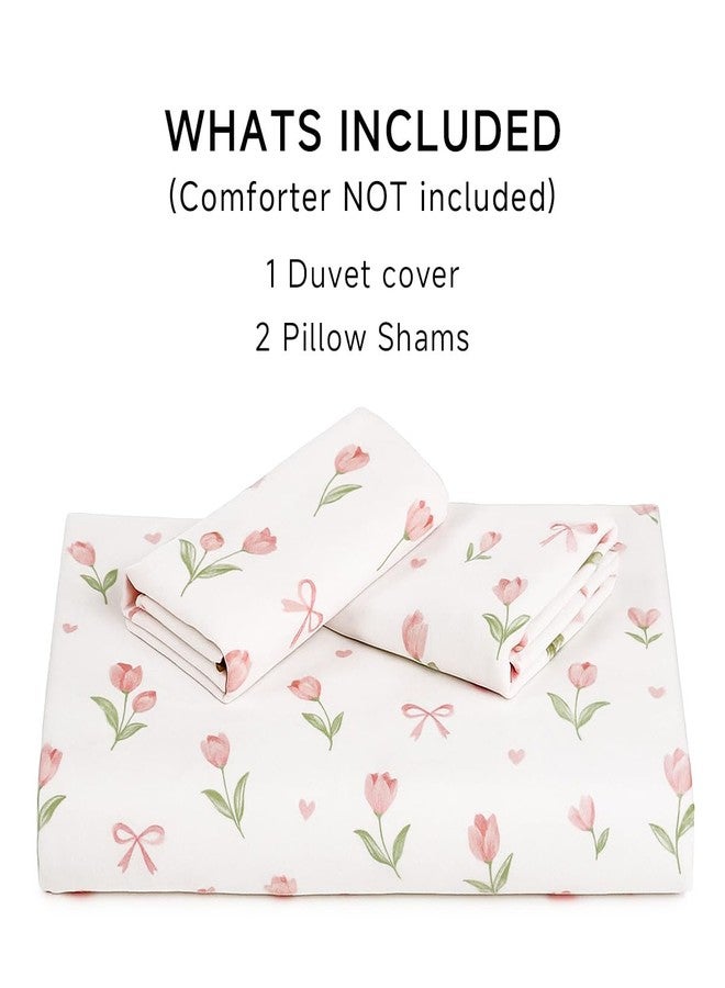 Erwinmu Floral Duvet Cover Set Queen Size,Pink Tulip Bow Ties Reversible Bedding Set with Heart Pattern for Girls Kids,Romantic Microfiber Comforter Cover 3Pcs with Zipper Closure and 2 Pillowcases - Image 4