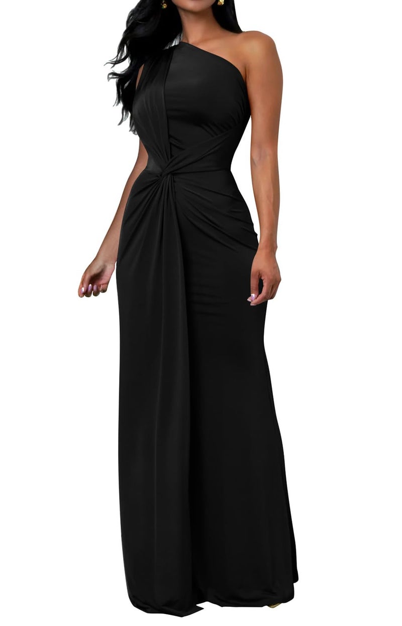 Memoriesea Women's Elegant Sleeveless One Shoulder Bodycon Evening Cocktail Maxi Dress Black - Image 1