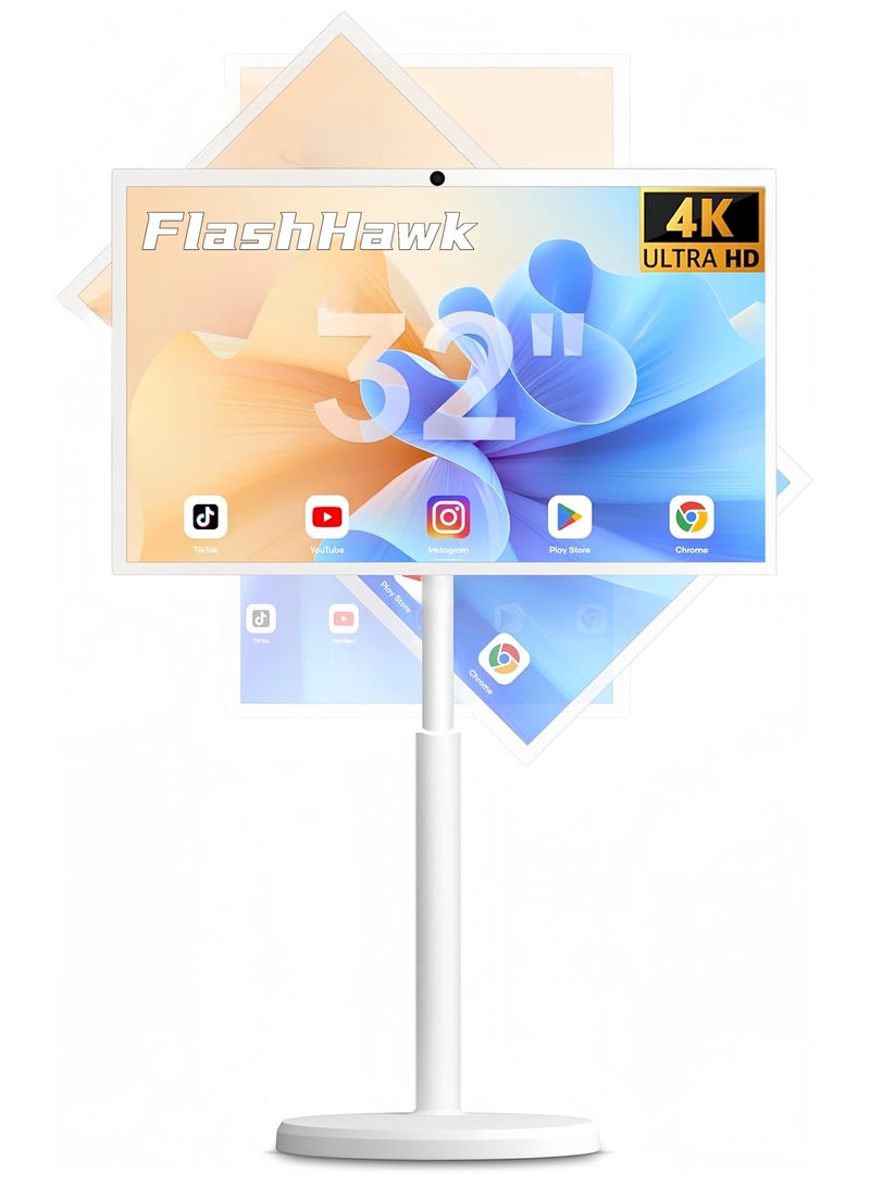 فلاشهوك تلفزيون محمول بدقة 4K حقيقية مقاس 32 بوصة - بشاشة لمس ذكية، سعة تخزين 8 جيجابايت + 128 جيجابايت | نظام تشغيل أندرويد 13 | بطارية مدمجة تدوم من 6 إلى 8 ساعات | نظام تشغيل أندرويد 13 | دوران كامل | جهاز تحكم عن بُعد - Image 1