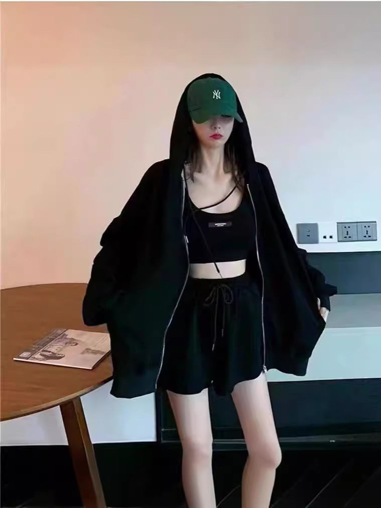 Spring and summer 2024 cross-border fashion leisure age-reducing fitness running sweater shorts three-piece sports style suit women Black  - Image 1