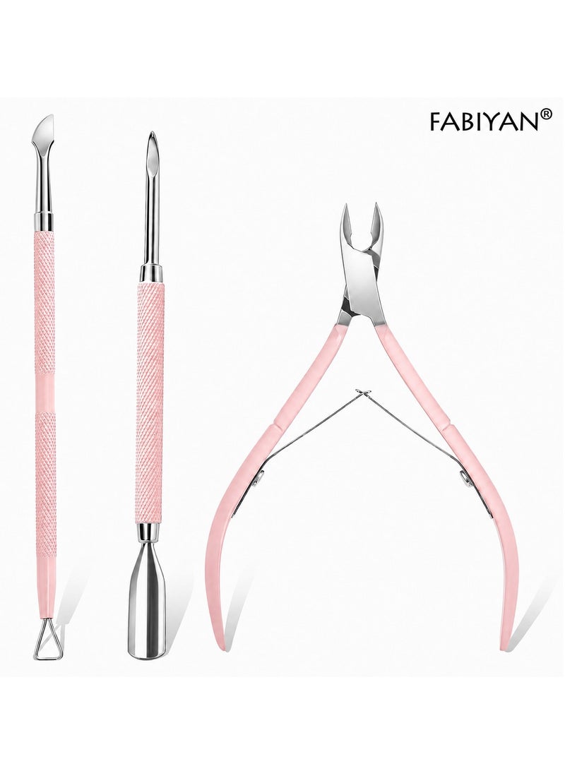 FABIYAN 3PCS Cuticle Nipper Set, Stainless Steel Cuticle Nipper, Cuticle Pusher and Nail Scraper Kit, Dead Skin Remover, Hangnail Cutter and Gel Polish Scraper for Manicure Pedicure, Home and Salon Use, Pink - Image 1