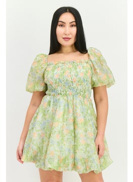 Women All Over Print Mini Dress, Green Combo