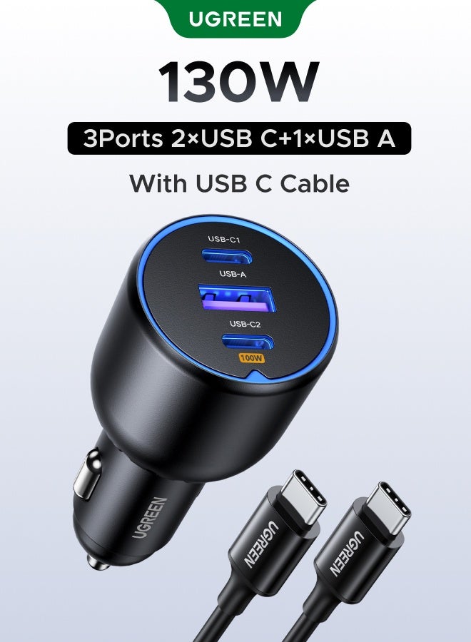 130W Super Fast Car Charger Fast Charging 3 Port USB Car Power Adapter With 100W USB C Cable Car Fast Charger Plug For Steam Deck Macbook Laptops Tablets iPhone 16 15 Series Samsung Galaxy Xiaomi