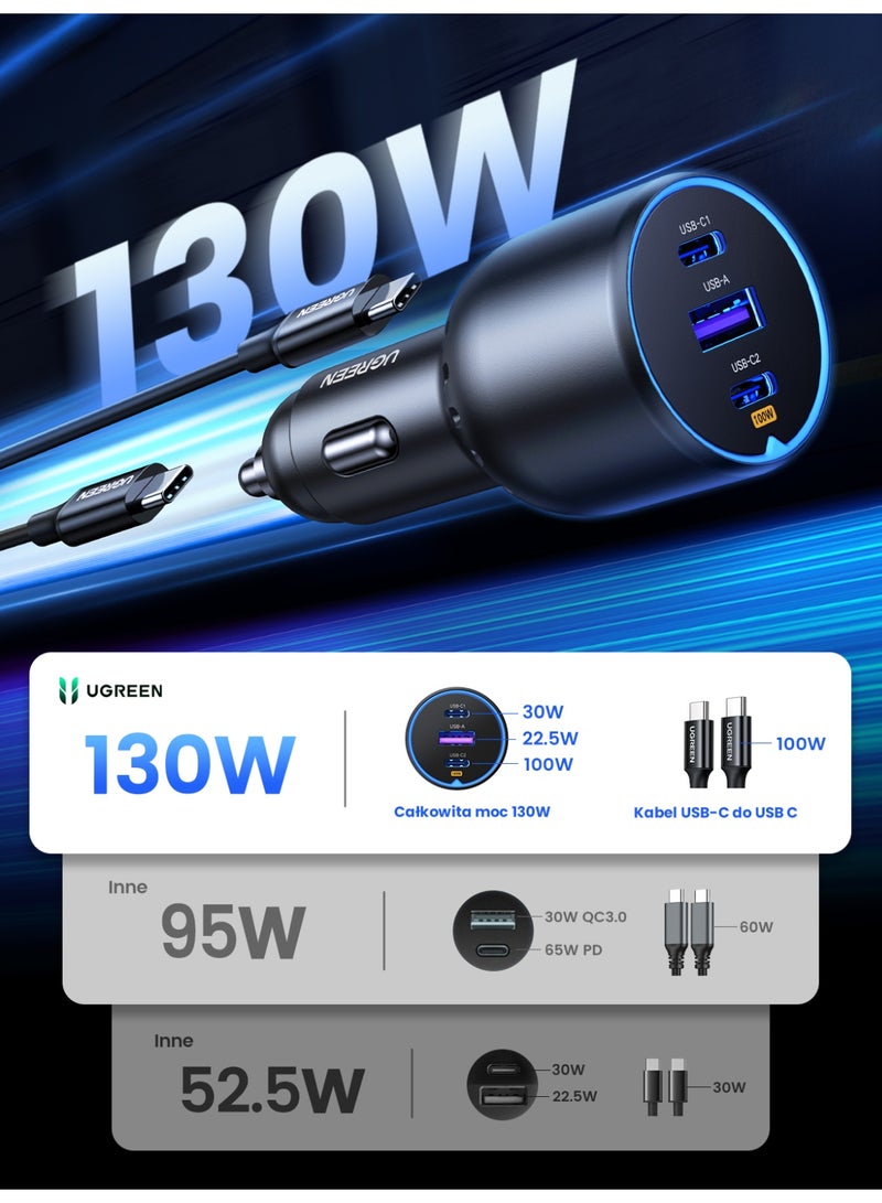 Ugreen 130W Super Fast Car Charger Fast Charging 3 Port USB Car Power Adapter With 100W USB C Cable Car Fast Charger Plug For Steam Deck Macbook Laptops Tablets iPhone 16 15 Series Samsung Galaxy Xiaomi 130W with cable - Image 3