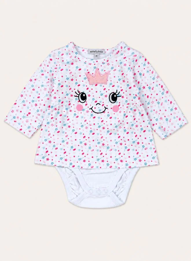 Mothers Choice Baby Girl White Crown Printed Long Sleeve Onesie Bodysuit